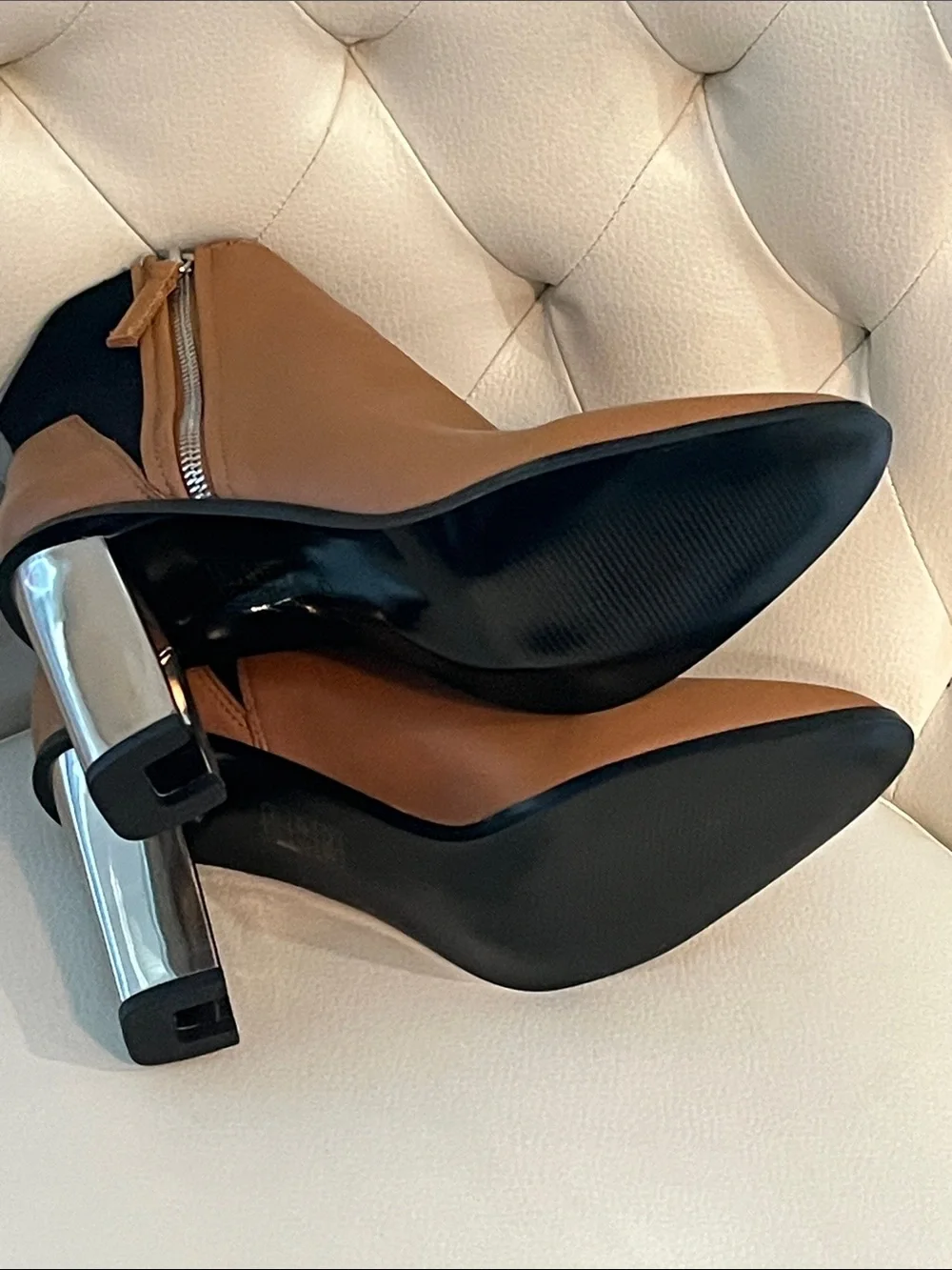 Aldo Tan Leather Ankle Booties with Silver Block Heel Size 8 EYE CATCHING LUXURY